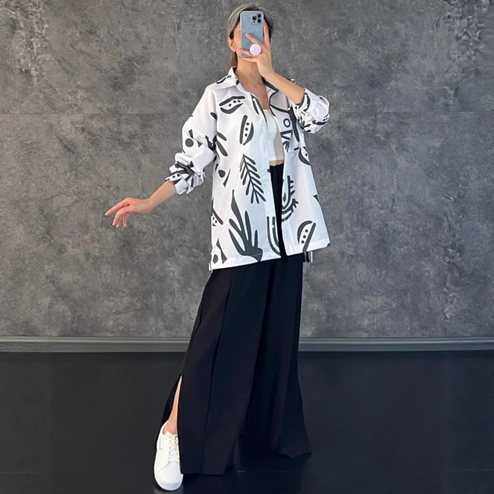 Early Fall Casual Long Sleeve Printed Shirt High Waist Split Wide Leg Pants Set